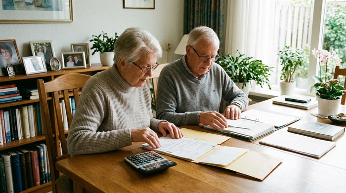 Ein älteres Ehepaar sitzt am heimischen Esstisch und ordnet konzentriert Papiere und Dokumente in Mappen. Ein Taschenrechner liegt griffbereit auf dem Holztisch. Authentische, gut ausgeleuchtete Wohnzimmerszene.
