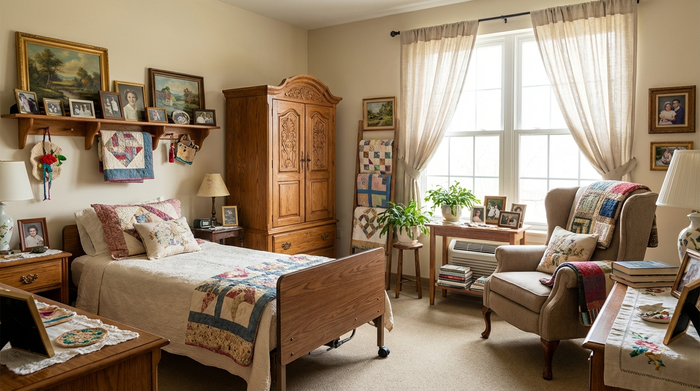 Ein freundliches, barrierefreies Pflegeheimzimmer, das mit persönlichen Erinnerungsstücken wohnlich gestaltet ist. Ein gemütliches Bett, ein Holzschrank und ein bequemer Ohrensessel stehen bereit. Ein heller Raum mit großen Fenstern und hellen Gardinen.