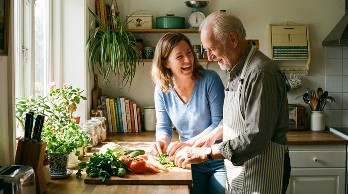 Eine liebevolle Betreuungskraft kocht gemeinsam mit einem lächelnden Senior in einer gemütlichen privaten Küche. Frisches Gemüse liegt auf dem Schneidebrett. Angenehmes Tageslicht fällt durch das Küchenfenster.
