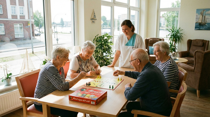 Senioren sitzen in einer gemütlichen Runde in einer hellen Tagespflege in Rostock zusammen und spielen konzentriert ein Brettspiel. Eine Pflegekraft schaut lächelnd zu. Realistische, freundliche Szene ohne Text.
