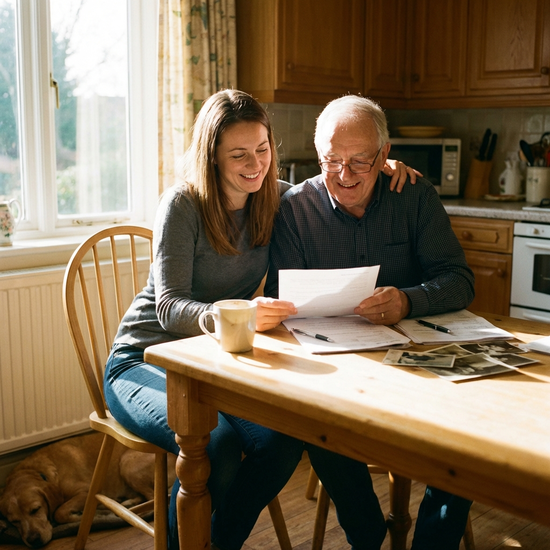 Eine entspannte Tochter sitzt mit ihrem älteren Vater am Küchentisch. Beide blicken erleichtert und lächelnd auf einige Papiere. Eine Kaffeetasse steht auf dem Tisch, warmes Sonnenlicht fällt durch das Fenster.