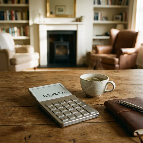 Ein moderner, sauberer Taschenrechner liegt neben einer Tasse Tee auf einem Holztisch, im Hintergrund unscharf ein gemütliches Wohnzimmer. Die Szene strahlt finanzielle Sicherheit und Ruhe aus.