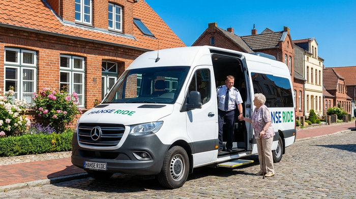 Ein moderner Kleinbus eines Fahrdienstes steht mit offener Tür vor einem gepflegten Haus in Rostock. Ein freundlicher Fahrer hilft einer älteren Dame behutsam beim Einsteigen. Sonniges Wetter, klare und saubere Umgebung.