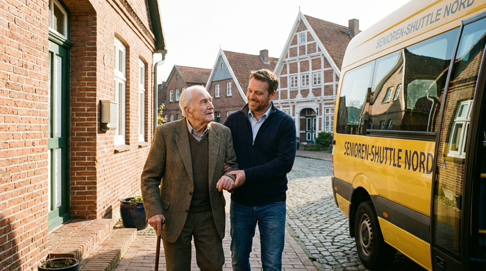 Ein fürsorglicher Fahrer begleitet einen älteren Herrn mit Gehstock von der Haustür zum wartenden Kleinbus. Vertrauensvolle Atmosphäre, sonniges Wetter, norddeutsche Architektur im Hintergrund.