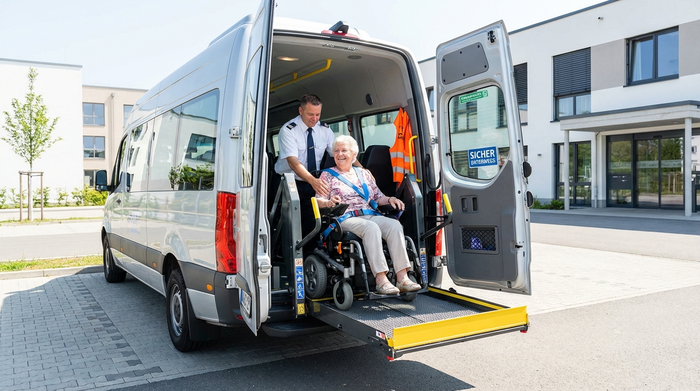 Ein moderner Kleinbus mit ausgefahrener Hebebühne. Ein Fahrer sichert behutsam und professionell einen lächelnden Senior im Rollstuhl im Fahrzeug. Helle, saubere und sichere Umgebung.