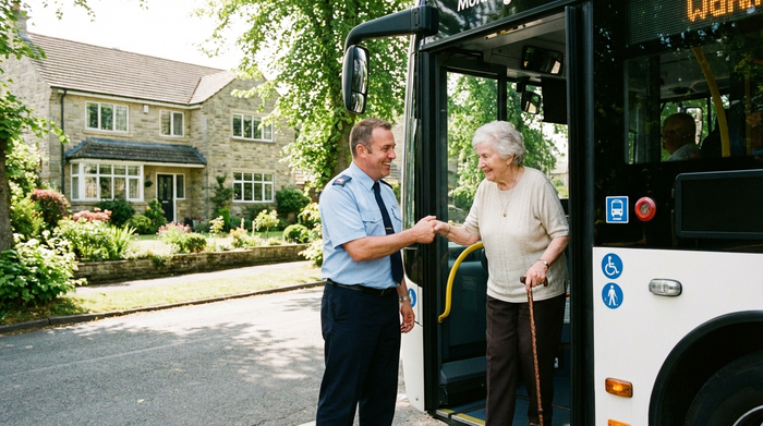 Ein freundlicher Busfahrer reicht einer älteren Dame lächelnd die Hand zur Verabschiedung vor einem gepflegten Haus. Positive Ausstrahlung, sicheres Gefühl, klares Tageslicht.