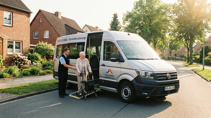 Ein moderner, barrierefreier Kleinbus steht in einer gepflegten Wohnstraße in Rostock. Ein freundlicher Fahrer hilft einer lächelnden älteren Dame behutsam beim Einsteigen. Sonniges Wetter, realistische Vorstadtidylle.