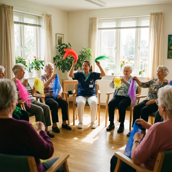 Ältere Menschen sitzen in einem hellen Raum im Kreis und machen leichte Gymnastikübungen mit bunten Tüchern. Eine engagierte Pflegekraft macht die Bewegungen vor. Konzentrierte und fröhliche Gesichter, realistische Szene.