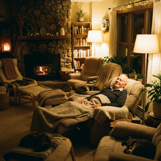 Ein gemütlicher Ruheraum mit bequemen Liegesesseln, gedimmtem warmem Licht und weichen Decken. Ein älterer Herr ruht sich entspannt aus. Ruhige, friedliche Atmosphäre.