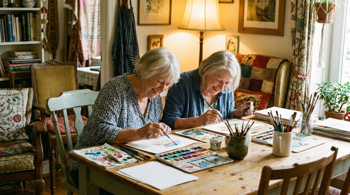 Zwei ältere Frauen sitzen an einem Basteltisch und malen konzentriert mit Wasserfarben. Auf dem Tisch liegen Pinsel und Papier. Warme Beleuchtung, gemütliche und kreative Atmosphäre.