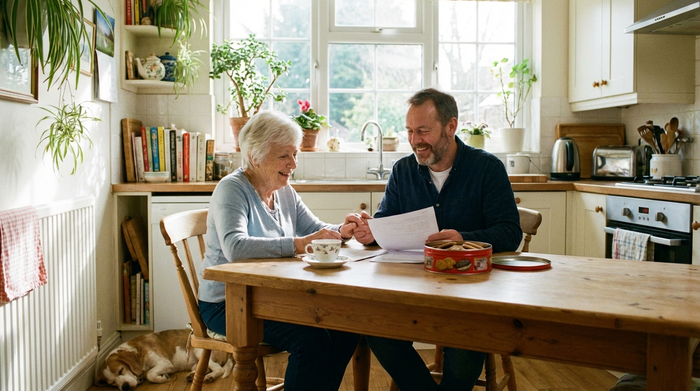Eine ältere Frau und ihr erwachsener Sohn sitzen gemeinsam an einem Küchentisch und besprechen entspannt Dokumente. Beide lächeln erleichtert. Helle, freundliche Wohnküche.