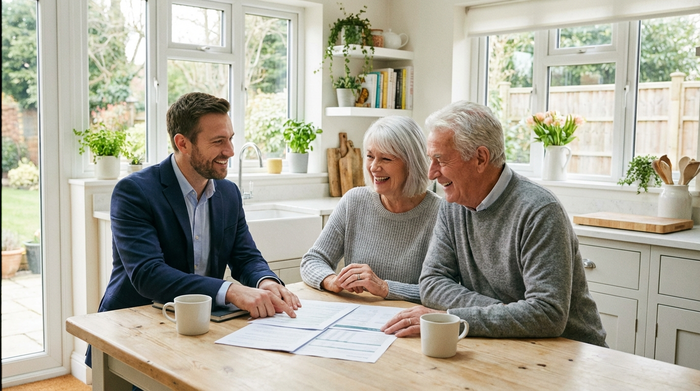 Ein freundlicher Berater sitzt gemeinsam mit einem älteren Ehepaar am Küchentisch und bespricht entspannt Dokumente. Helle, freundliche Atmosphäre, aufgeräumte Küche.
