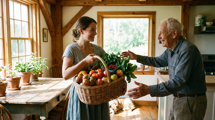 Eine junge, hilfsbereite Frau trägt einen gefüllten Einkaufskorb mit frischem Gemüse und Obst in eine sonnige Küche, wo ein lächelnder Senior sie herzlich empfängt.