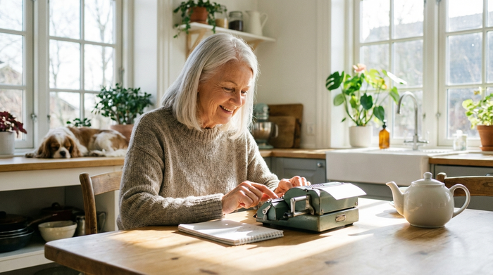 Eine gepflegte, vitale Seniorin rechnet mit einem Taschenrechner und einem Notizblock an einem hellen Holztisch, sie wirkt zufrieden und lächelt.