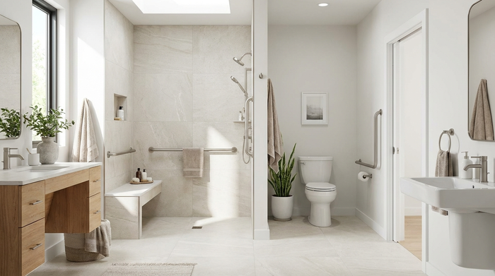 Ein modernes, helles und komplett barrierefreies Badezimmer mit einer ebenerdigen, geräumigen Dusche und eleganten Haltegriffen. Sauber, sicher und stilvoll eingerichtet.