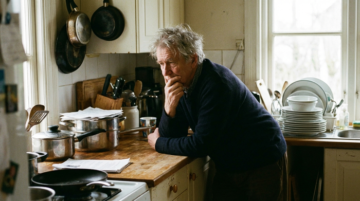 Ein älterer Herr mit grauen Haaren steht nachdenklich in einer leicht unordentlichen Küche und stützt sich leicht auf die Arbeitsplatte. Im Hintergrund stapelt sich etwas sauberes Geschirr. Realistische, authentische Szene, weiches Tageslicht.