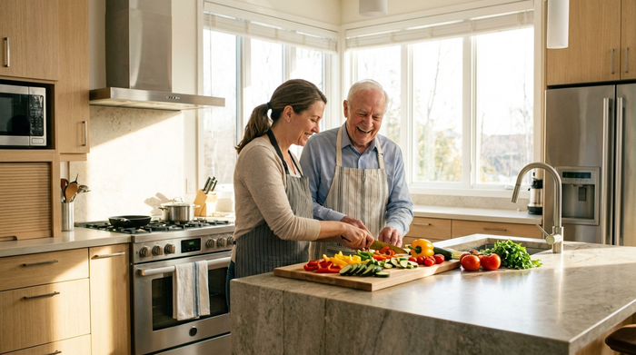 Eine engagierte Betreuungskraft kocht zusammen mit einem fröhlichen Senioren in einer modernen, sauberen Küche. Frisches Gemüse liegt auf dem Schneidebrett. Helle, freundliche Atmosphäre, realistischer Fotostil.