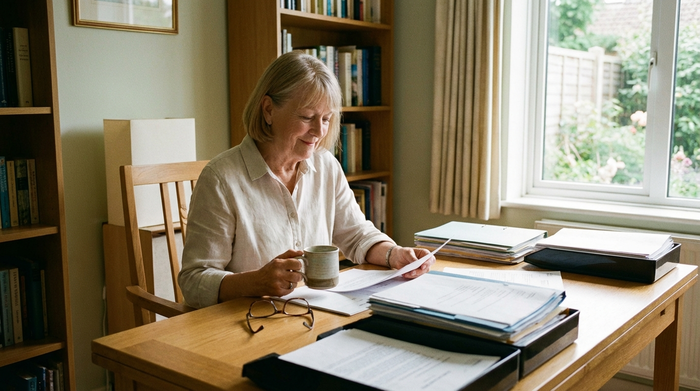 Eine ältere Frau sitzt am Schreibtisch und schaut entspannt auf ein Dokument, während sie eine Tasse Kaffee hält. Auf dem Tisch liegen übersichtlich geordnete Papiere und eine Brille. Ruhige, aufgeräumte Umgebung.