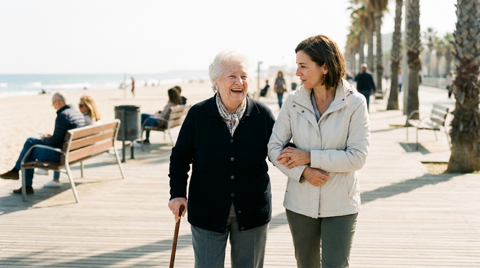 Eine lächelnde Seniorin spaziert an einem sonnigen Tag an einer Strandpromenade, begleitet von einer aufmerksamen Assistentin. Im Hintergrund ist unscharf das Meer zu erkennen. Klare, realistische Szene ohne Text.