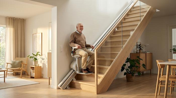 Ein moderner, unauffälliger Treppenlift in einem hellen, aufgeräumten Einfamilienhaus. Ein älterer Herr fährt sicher und entspannt die Treppe hinauf. Hochwertige Fotografie, warme Beleuchtung.