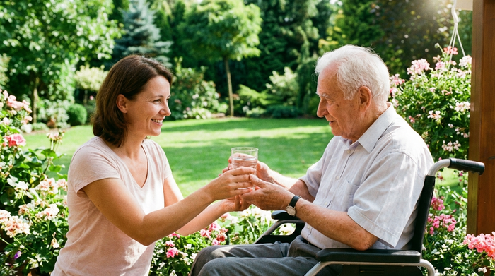 Eine fürsorgliche Pflegerin reicht einem älteren Herrn ein Glas Wasser auf einer sonnigen Terrasse. Im Hintergrund ist ein gepflegter, grüner Garten zu sehen.