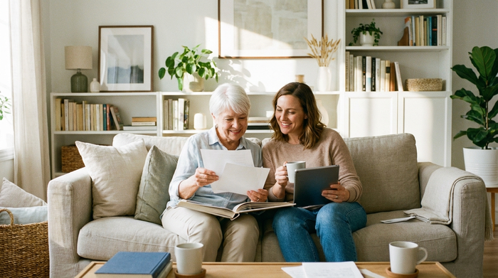 Eine ältere Dame und ihre Tochter sitzen gemeinsam auf einem bequemen Sofa und betrachten entspannt Dokumente. Die Wohnatmosphäre ist hell, aufgeräumt und einladend.