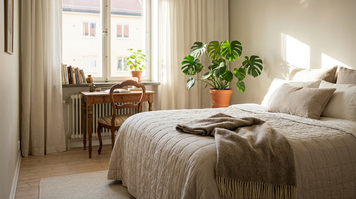 Ein helles, freundlich eingerichtetes Gästezimmer mit einem gemütlichen Bett, einem kleinen Schreibtisch, einer Zimmerpflanze und einem großen Fenster, durch das helles Tageslicht fällt.