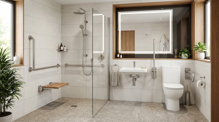 Ein modernes, barrierefreies Badezimmer mit einer großzügigen, ebenerdigen Dusche, stabilen Haltegriffen an den hell gefliesten Wänden und einem rutschfesten Boden.