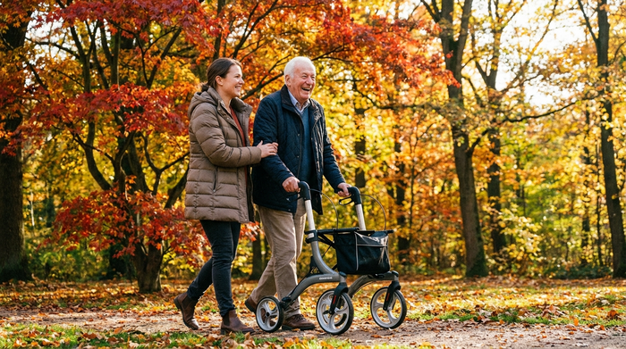 Eine Pflegekraft und ein Senior spazieren fröhlich durch einen herbstlichen Park mit bunten Bäumen. Der Senior stützt sich sicher auf einen modernen Rollator.