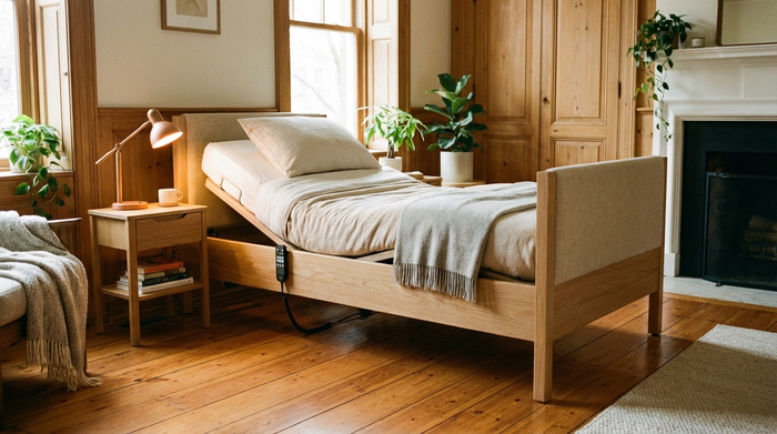 Ein modernes, elektrisch verstellbares Pflegebett in einem freundlich eingerichteten Schlafzimmer. Warme Holztöne, saubere und gemütliche Atmosphäre, ein Nachttisch mit einer Leselampe daneben. Keine Menschen, realistisches Setting ohne lesbaren Text.