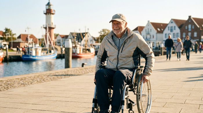 Ein aktiver Senior im Rollstuhl fährt an einer sonnigen Promenade entlang, im Hintergrund leicht unscharf maritimes Flair, das an Warnemünde erinnert. Er lächelt entspannt. Klare, realistische Fotografie, keine Beschriftungen.