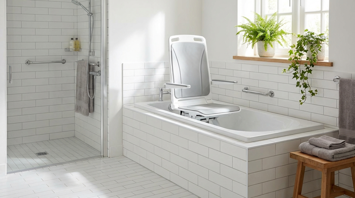 Ein heller, barrierefreier Badezimmerbereich mit einem modernen Badewannenlift in der Wanne. Saubere weiße Fliesen, eine ordentliche Umgebung mit ein paar grünen Pflanzen auf dem Fensterbrett. Realistisch, ohne Text.