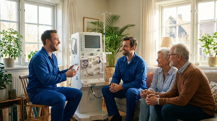 Zwei freundliche Techniker in einheitlicher Arbeitskleidung bauen in einem hellen Wohnzimmer ein medizinisches Gerät auf. Sie unterhalten sich freundlich mit einem älteren Ehepaar, das interessiert zuschaut. Authentische, positive Stimmung.