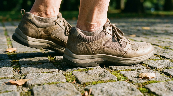 Nahaufnahme der Füße einer älteren Person in bequemen, modernen und gut sitzenden Halbschuhen beim Spaziergang auf einem gepflasterten Weg in einem sonnigen Park. Realistische Texturen, Fokus auf Komfort und Stabilität, ohne sichtbare Markenlogos.