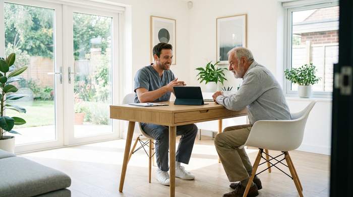 Ein freundlicher Arzt in einer hellen, modernen Praxis erklärt einem aufmerksamen älteren Patienten geduldig die nächsten Schritte. Beide sitzen sich vertrauensvoll gegenüber. Helle, saubere Umgebung, professionelle Atmosphäre, fotorealistisch.