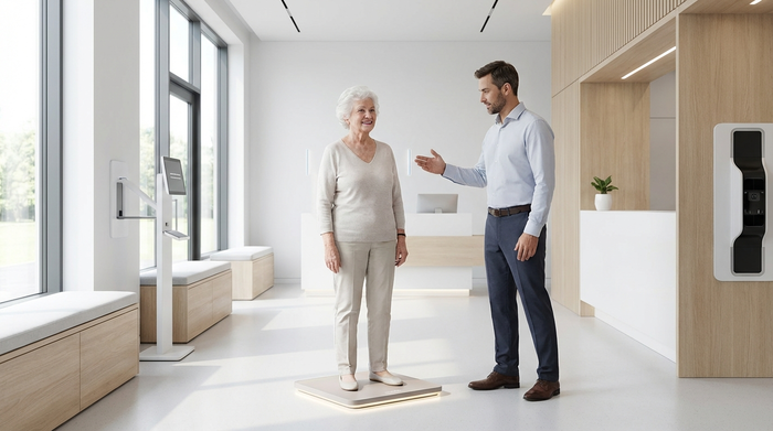 Eine moderne, saubere Sanitätshaus-Umgebung. Eine ältere Dame steht entspannt auf einer kleinen, dezent beleuchteten Plattform, während ein Orthopädietechniker danebensteht. Helles Licht, moderne Technik ohne sichtbaren Text oder Diagramme, fotorealistisch.