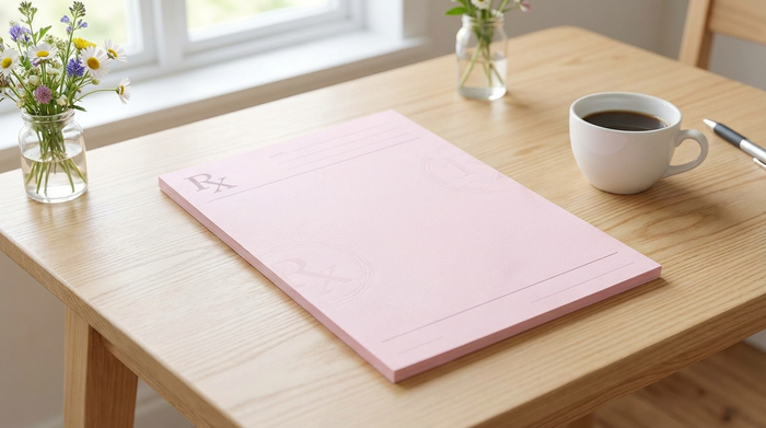 Ein sauberes, rosafarbenes ärztliches Rezeptformular liegt auf einem hellen Holztisch neben einer weißen Kaffeetasse. Freundliche, aufgeräumte Umgebung, realistisches Licht, keine lesbaren Texte.