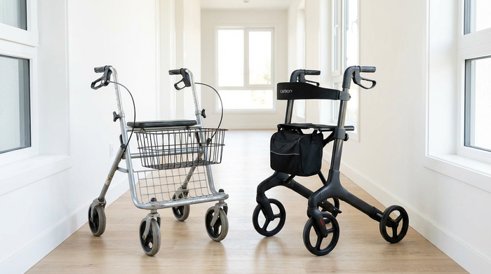 Zwei unterschiedliche Rollatoren stehen nebeneinander in einem hellen Flur. Ein klassisches Standardmodell aus Metall und ein modernes, sehr leichtes Carbon-Modell in elegantem Schwarz. Sauberer Hintergrund.