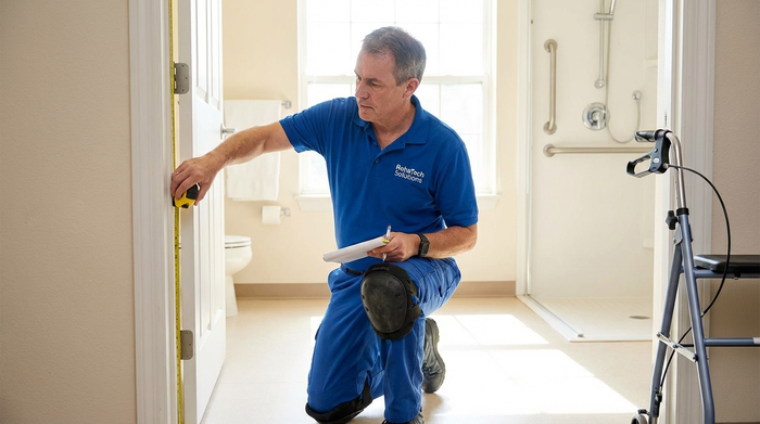 Ein professioneller Reha-Techniker in sauberer Arbeitskleidung misst mit einem Maßband sorgfältig den Türrahmen in einem freundlichen, hellen Badezimmer einer Seniorenwohnung aus. Realistische Szene, gutes Licht.