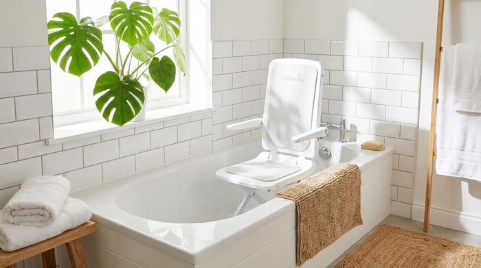 Ein moderner, weißer Badewannenlift ist sicher in einer sauberen, hellen Badewanne installiert. Gemütliches Badezimmer mit weißen Fliesen und einer grünen Pflanze am Fenster.
