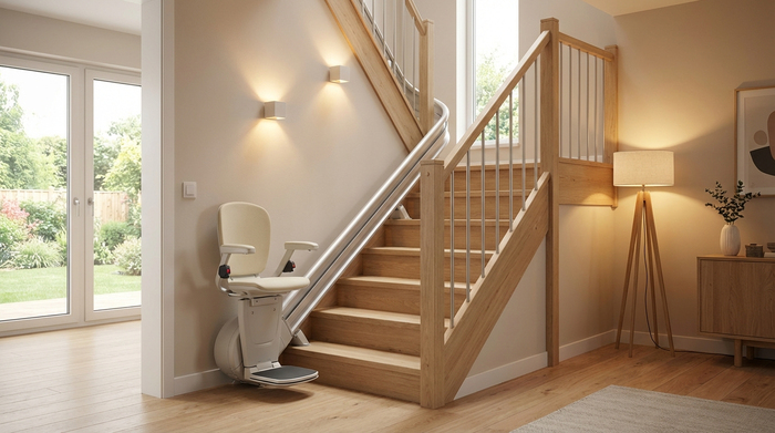 Ein eleganter, moderner Treppenlift ist an einer hellen Holztreppe in einem gepflegten Einfamilienhaus montiert. Warme Beleuchtung, sicheres und komfortables Wohnumfeld ohne Personen.