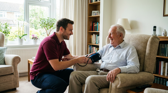 Ein fürsorglicher männlicher Pfleger misst den Blutdruck eines älteren Herrn im Wohnzimmer. Beide wirken entspannt, der Raum ist hell und aufgeräumt.