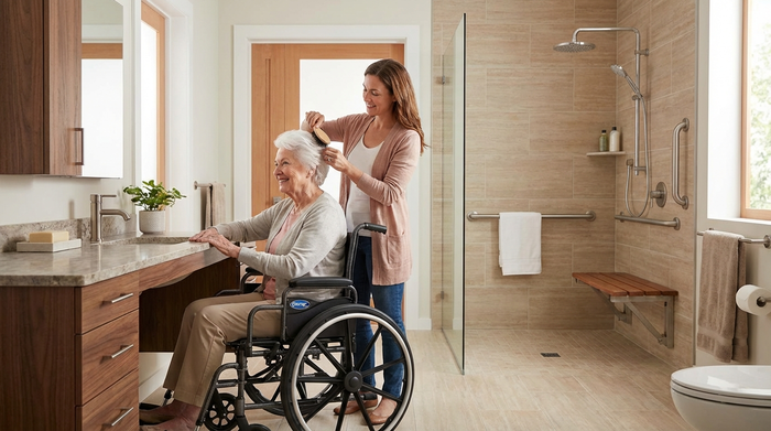 Eine erwachsene Tochter hilft ihrer älteren Mutter liebevoll beim Kämmen der Haare im Badezimmer. Das Bad ist modern und barrierefrei gestaltet.