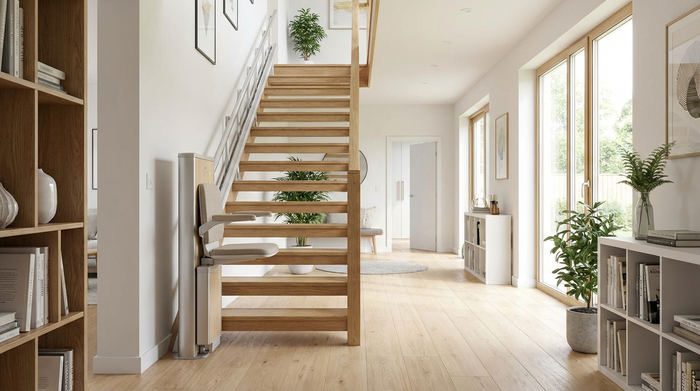 Ein moderner elektrischer Treppenlift an einer Holztreppe in einem gepflegten Einfamilienhaus. Der Lift fügt sich harmonisch in die helle Umgebung ein.