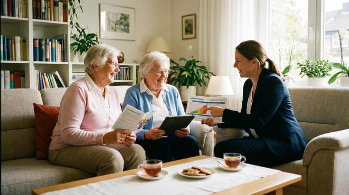 Zwei ältere Damen sitzen mit einer Beraterin auf dem Sofa und betrachten gemeinsam Informationsmaterial. Die Stimmung ist positiv und aufklärend.
