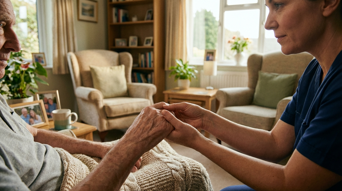 Nahaufnahme einer fürsorglichen Pflegekraft, die sanft die Hände eines älteren Mannes hält. Warme, beruhigende Atmosphäre in einem gepflegten Wohnzimmer mit weichem Tageslicht.