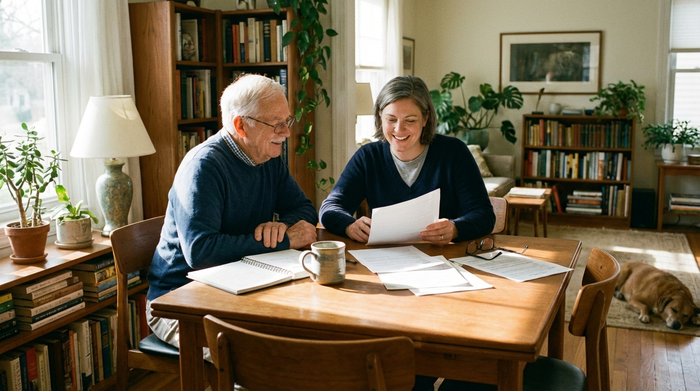 Ein älteres Ehepaar sitzt gemeinsam mit ihrer erwachsenen Tochter am Esstisch und schaut sich entspannt Unterlagen an. Auf dem Tisch liegen ein Notizbuch und eine Kaffeetasse, harmonische Familienatmosphäre.