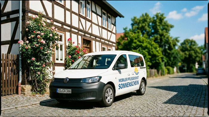 Ein weißes Pflegeauto parkt vor einem traditionellen Fachwerkhaus in einer ruhigen Wohnstraße. Im Hintergrund sind unscharf grüne Bäume und blauer Himmel an einem sonnigen Tag zu erkennen.