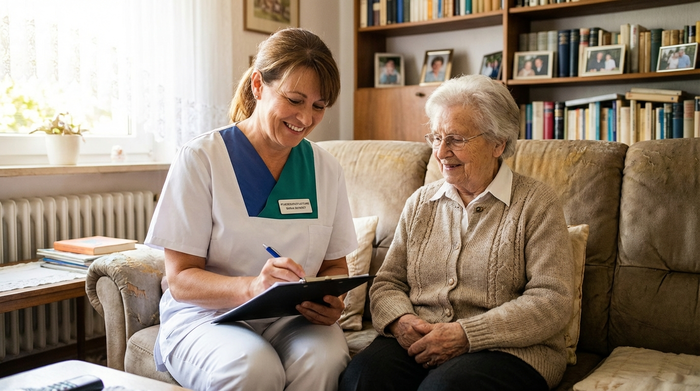 Eine professionelle Pflegedienstleitung im Gespräch mit einer Seniorin auf dem heimischen Sofa. Die Pflegedienstleitung macht sich Notizen auf einem Klemmbrett und lächelt freundlich.
