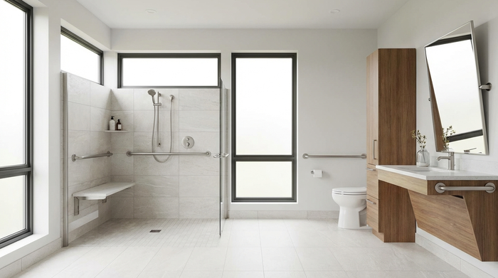 Ein modernes, helles, barrierefreies Badezimmer für Senioren mit einer geräumigen, ebenerdigen Dusche und eleganten Haltegriffen an den Wänden. Sauber und sicher gestaltet.